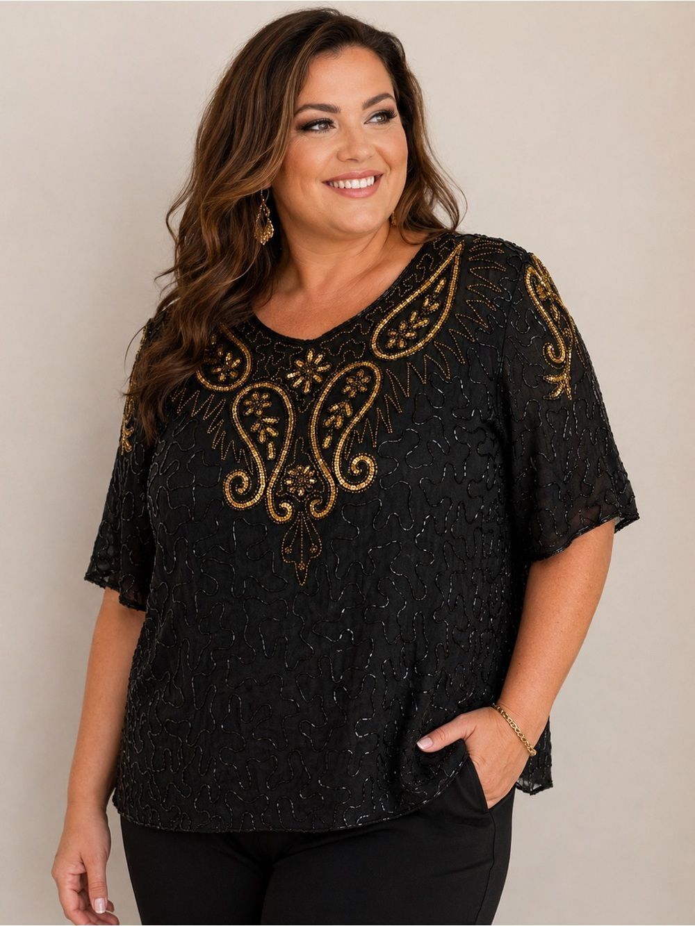 Vintage Jakelin Designs Black Silk Beaded Top Gold Embellished 2X India